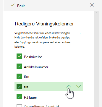Bruk pil opp eller pil ned, eller dra og slipp kolonneplassering