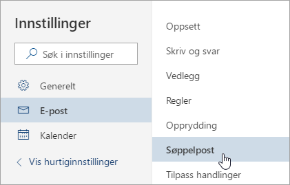 Et skjermbilde av Innstillinger-menyen med søppelpost som er valgt