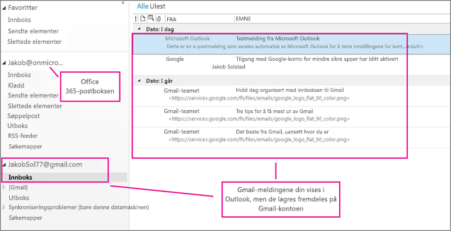 Når du har lagt til Gmail-kontoen din, ser du to kontoer i Outlook
