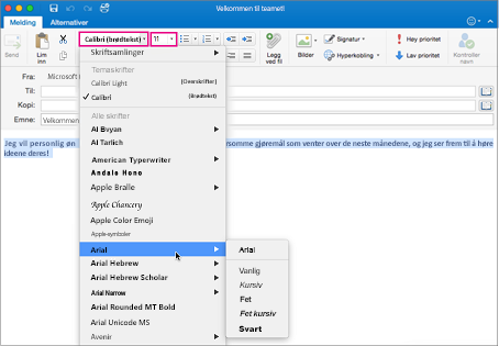 Skrift- og skriftstørrelsevelgere i Outlook for Mac