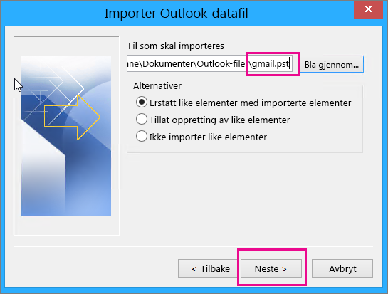 Velg PST-filen du opprettet, slik at du kan importere den.