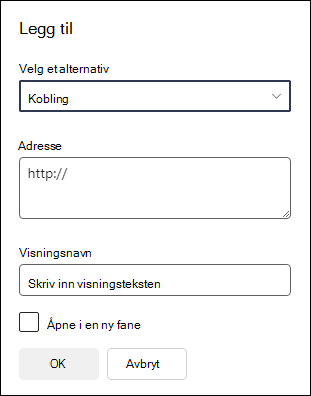 Legge til en kobling i en navigasjonsmeny.