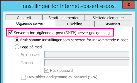 Velg den utgående serveren krever godkjenning.