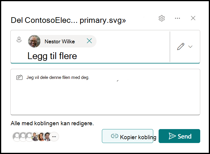 Skjermbildet av koblingsvinduet for delingsfilen, inkludert mottakerens e-postliste, valgfritt meldingsområde, delt med-listen, koblingen til «Alle med koblingen kan redigere», knappen for Kopier-koblingen og send-knappen.
