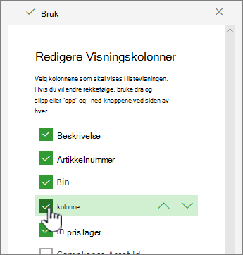 merke av eller fjerne merket for kolonner for å vise eller skjule