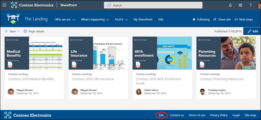 Legge til eller redigere koblinger og etiketter i en bunntekst for kommunikasjonsområde i SharePoint.