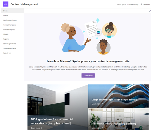 Preview of the Contracts Management site template