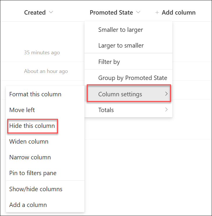 screenshot of hiding a column