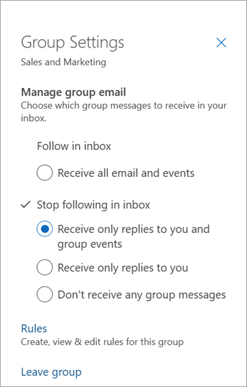 From the Group settings panel, select your follow preference or select leave