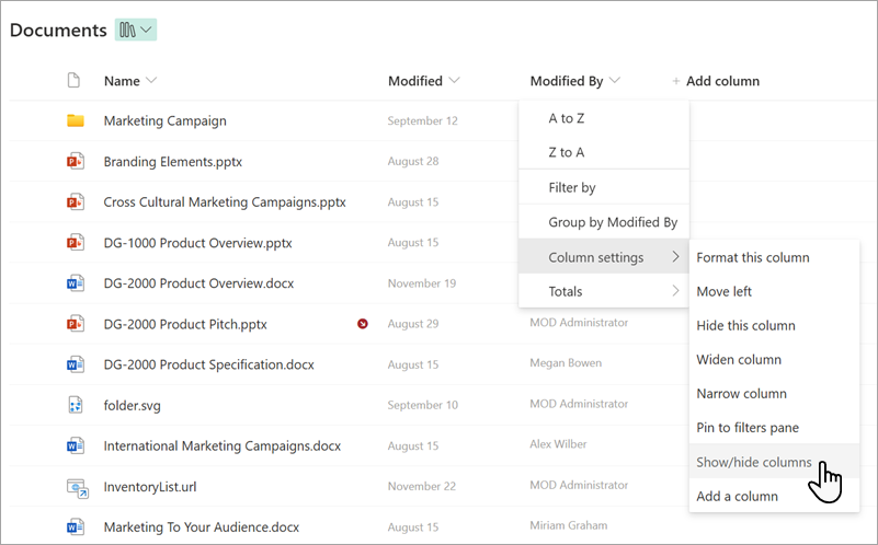 Screenshot showing the Show/hide columns command in a list.