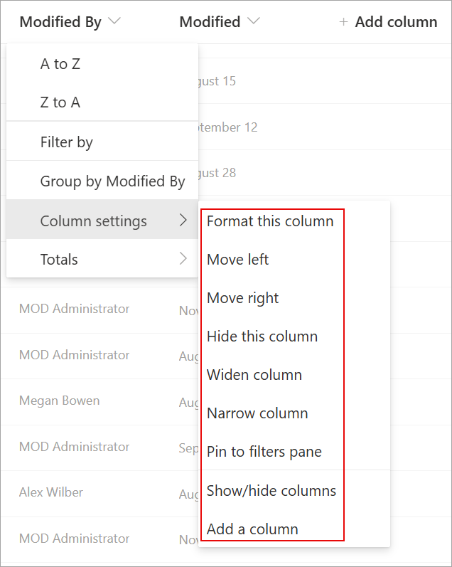 Screenshot showing the column settings in a list you can use to modify your list.