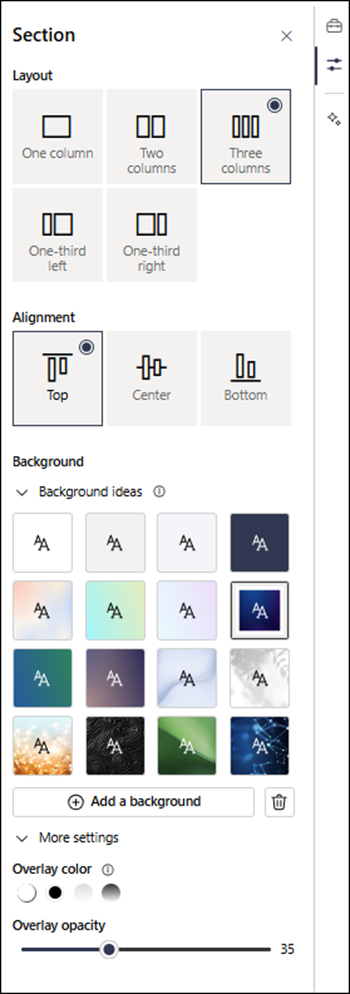 Section properties pane that shows more settings available.