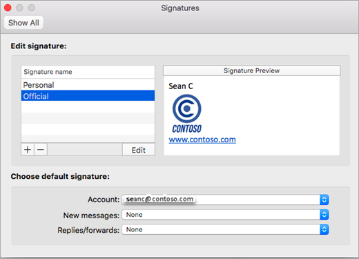 Outlook Preferences Signatures page