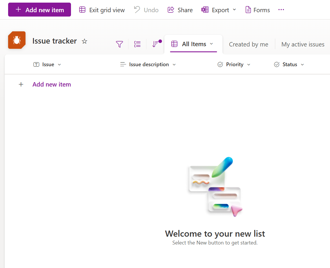 Screenshot of a new list created from the issue tracker template
