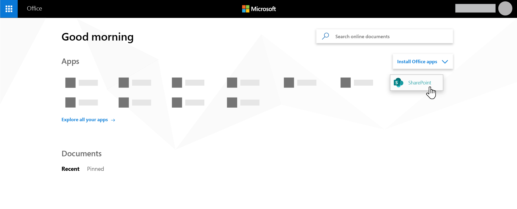 The Microsoft 365 home page with the SharePoint app highlighted