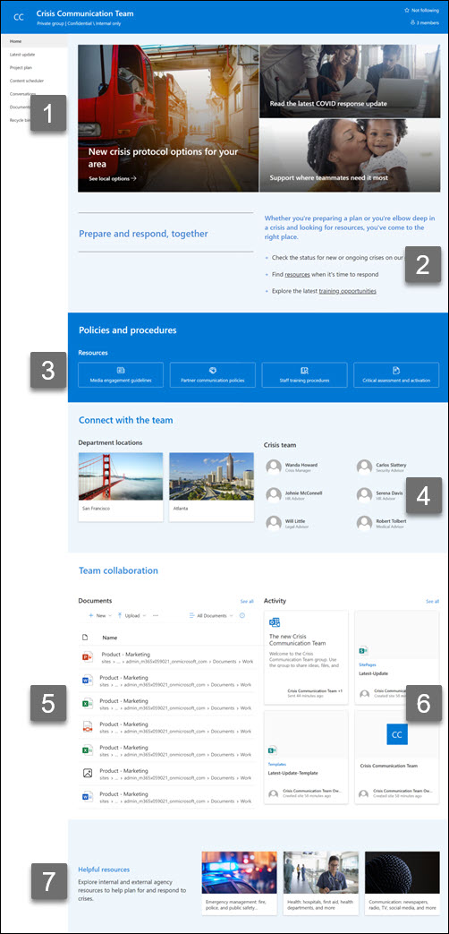 The Crisis communication team site template highlighting available web parts.