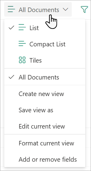 Screenshot showing the All Documents view drop down list used to change a list view.