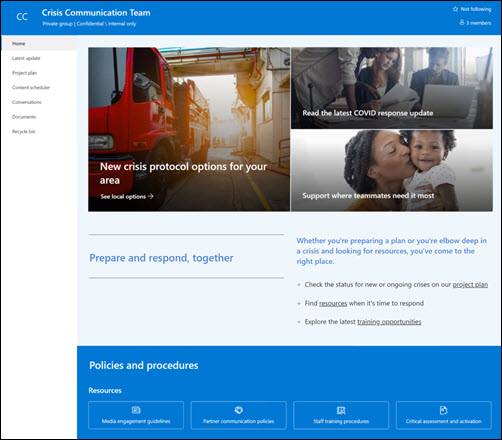 Preview of the Crisis communication team site template.