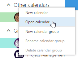 A screenshot of the context menu for Other Calendars, with Open Calendar selected.