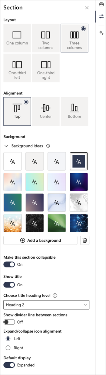 Section properties pane with collapsible settings enabled