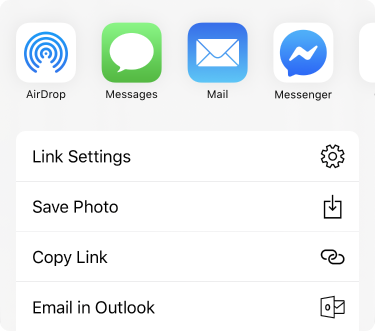 Share menu with apps along the top and a list of share options below those.