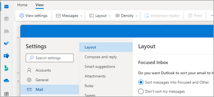 Screenshot of Settings > Mail > Layout > Focused Inbox
