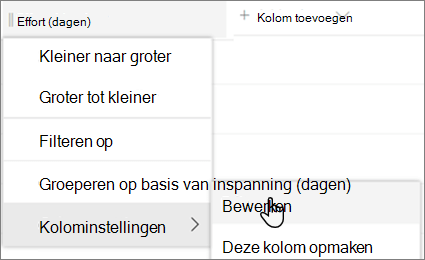 Het deelvenster Kolom bewerken in SharePoint met de optie Verwijderen geselecteerd