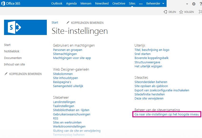 Ga naar site-instellingen op het hoogste niveau