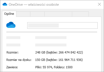 Właściwości Rozmiar w usłudze OneDrive na dysku