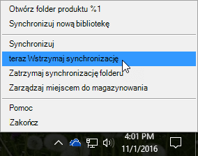 Zrzut ekranu przedstawiający poprzednie menu usługi OneDrive dla Firm z wybranym poleceniem Wstrzymaj synchronizację.