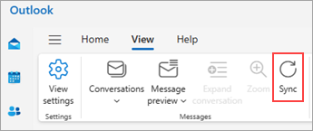 Zrzut ekranu przedstawiający wstążkę z wyróżnionym przyciskiem Synchronizuj na karcie Widok