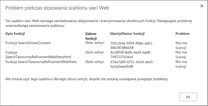 Zrzut ekranu przedstawiający komunikat o błędzie, który może zostać wyświetlony, jeśli niedostępne funkcje uniemożliwiają utworzenie witryny w usłudze SharePoint Online.