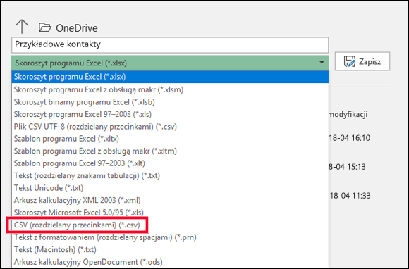 Zapisywanie pliku programu Excel jako pliku CSV.