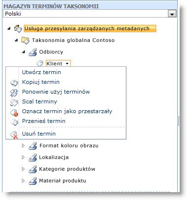 Zarządzanie terminami w zestawie terminów przy użyciu menu