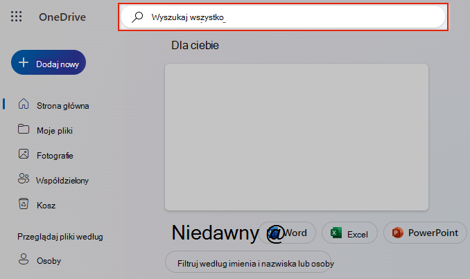 Zaznaczenie pozycji Przeszukaj wszystko w usłudze OneDrive