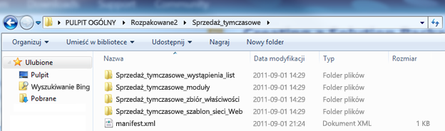 Zrzut ekranu przedstawiający okno Eksploratora Windows z rozpakowanym pakietem rozwiązania sieci Web (wsp).