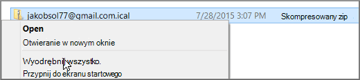 Kliknięcie pliku prawym przyciskiem myszy i wybranie pozycji Wyodrębnij.