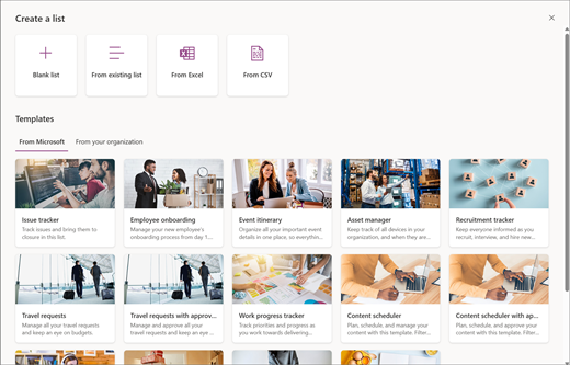 W górnej części okna wybierz kafelek, aby utworzyć pustą listę, nową listę z istniejącej listy, nową listę z arkusza kalkulacyjnego programu Excel lub nową listę z pliku CSV. W dolnej części okna utwórz nową listę, wybierając szablon.
