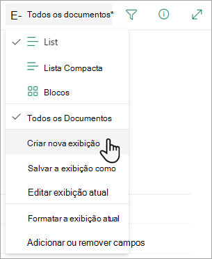 Utilize a opção Criar nova vista para alterar a forma como a sua lista é apresentada.