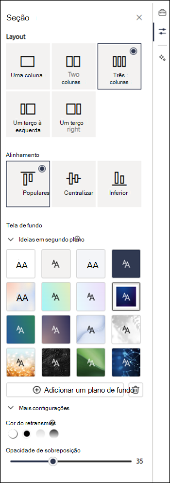 Painel de propriedades da seção que mostra mais configurações disponíveis.