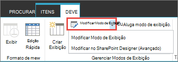 Botão Modificar vista com a lista pendente aberta