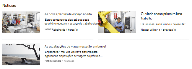 Captura de tela da web part de Notícias de um site do SharePoint, em que as postagens foram filtradas