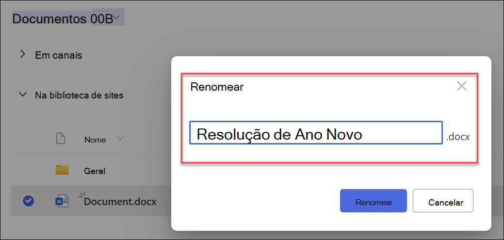 captura de ecrã a mostrar a introdução do novo nome