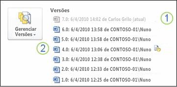 Histórico de versão no modo de exibição backstage de um documento do Microsoft Word