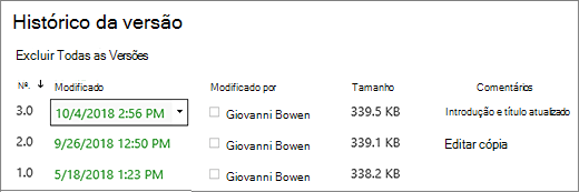 Caixa de diálogo Histórico de Versão com três versões.