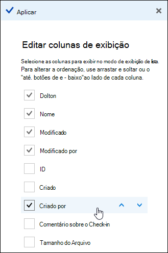 Organizar colunas em uma biblioteca de documentos