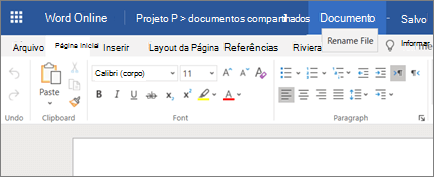 Clicar na barra de título para alterar o nome de um documento do Word Online