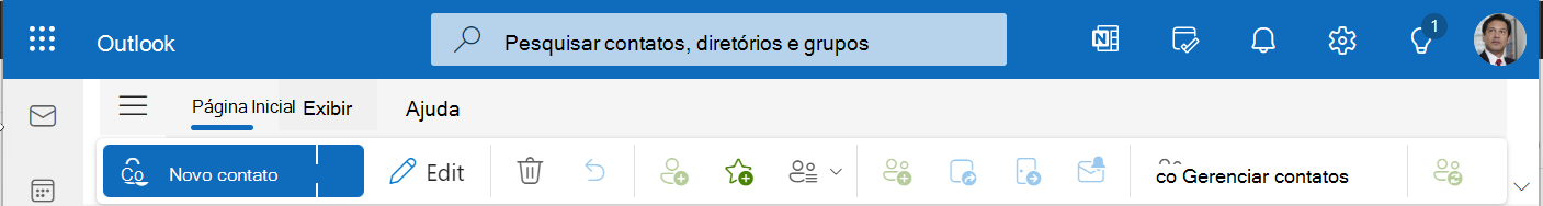 Pode criar, editar ou eliminar contactos, ou escolher outras opções, com a barra de ferramentas Pessoas.