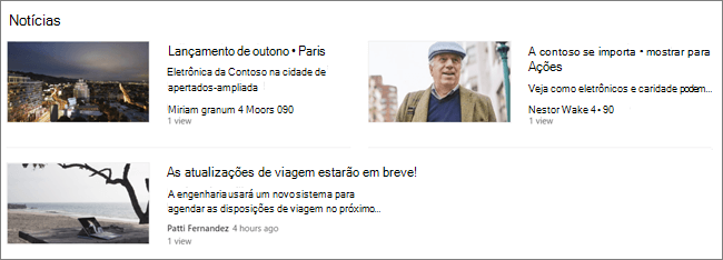 Captura de tela da web part de Notícias de um site do SharePoint, em que as postagens foram filtradas