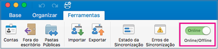 Botão de alternar Offline/Online no separador Ferramentas